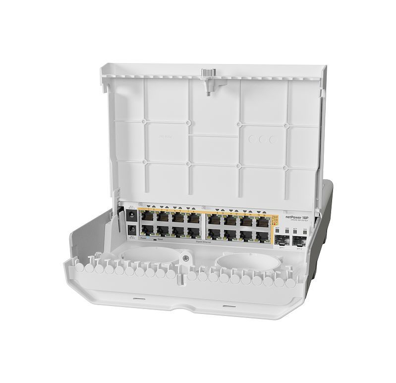 Коммутатор MikroTik Cloud Router Switch 318-16P-2S+OUT with 800MHz CPU, 256MB RAM, 16x Gigabit LAN with PoE-out, 2xSFP+ cages, RouterOS L5 or SwitchOS (dual boot), outdoor enclosure, mounting kit (power supply N