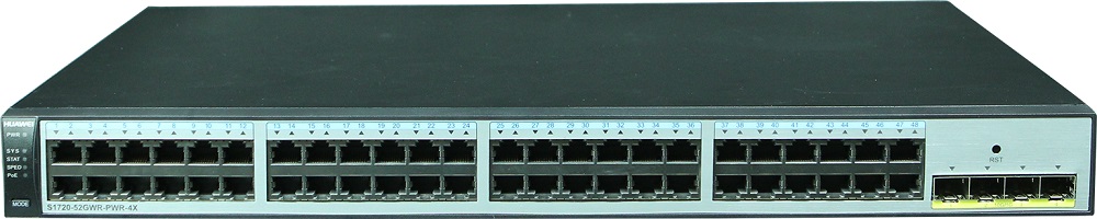 Коммутатор Huawei  S1720-52GWR-PWR-4X(48 Ethernet 10/100/1000 ports,4 10 Gig SFP+,PoE+,370W POE AC 110/220V)