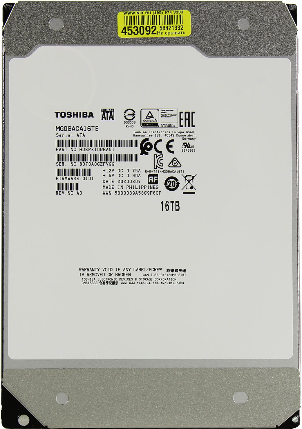 Жесткий диск Toshiba SATA 16TB 7200RPM 6GB/S 512MB MG08ACA16TE TOSHIBA