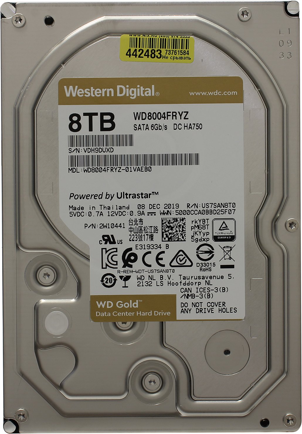 Жесткий диск Western Digital HDD SATA-III  8Tb GOLD WD8004FRYZ, 7200rpm, 256MB buffer