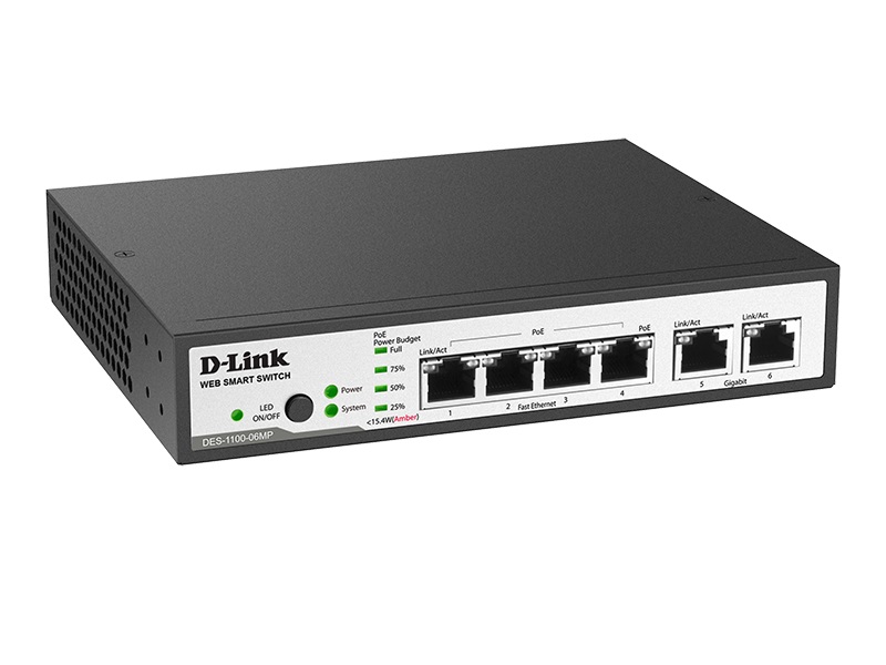 Коммутатор D-Link DES-1100-06MP/A1A, 4 10/100Base-TX PoE ports + 2 10/100/1000Base-T Ports Metro Ethernet Switch PoE Budget 80W, Supports 802.3at and 802.3af Port Mirroring, IGMP Snooping, Link Aggregation 802.3-4139