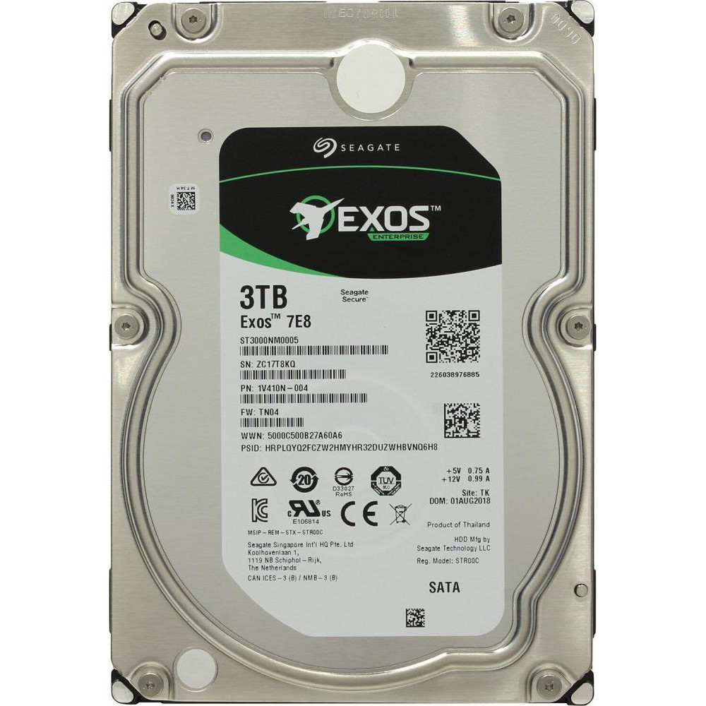 Жесткий диск Seagate 3.5" 3TB Exos 7E8 ST3000NM0005 SATA 6Gb/s, 7200rpm, 128MB, 512n, Bulk