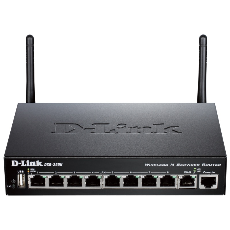 Межсетевой экран D-Link DSR-250N/B1A, Wireless N300 VPN Gigabit Router with 1 10/100/1000Base-T WAN ports, 8 10/100/1000Base-T LAN ports and 1 USB por DSR-250N-B1A