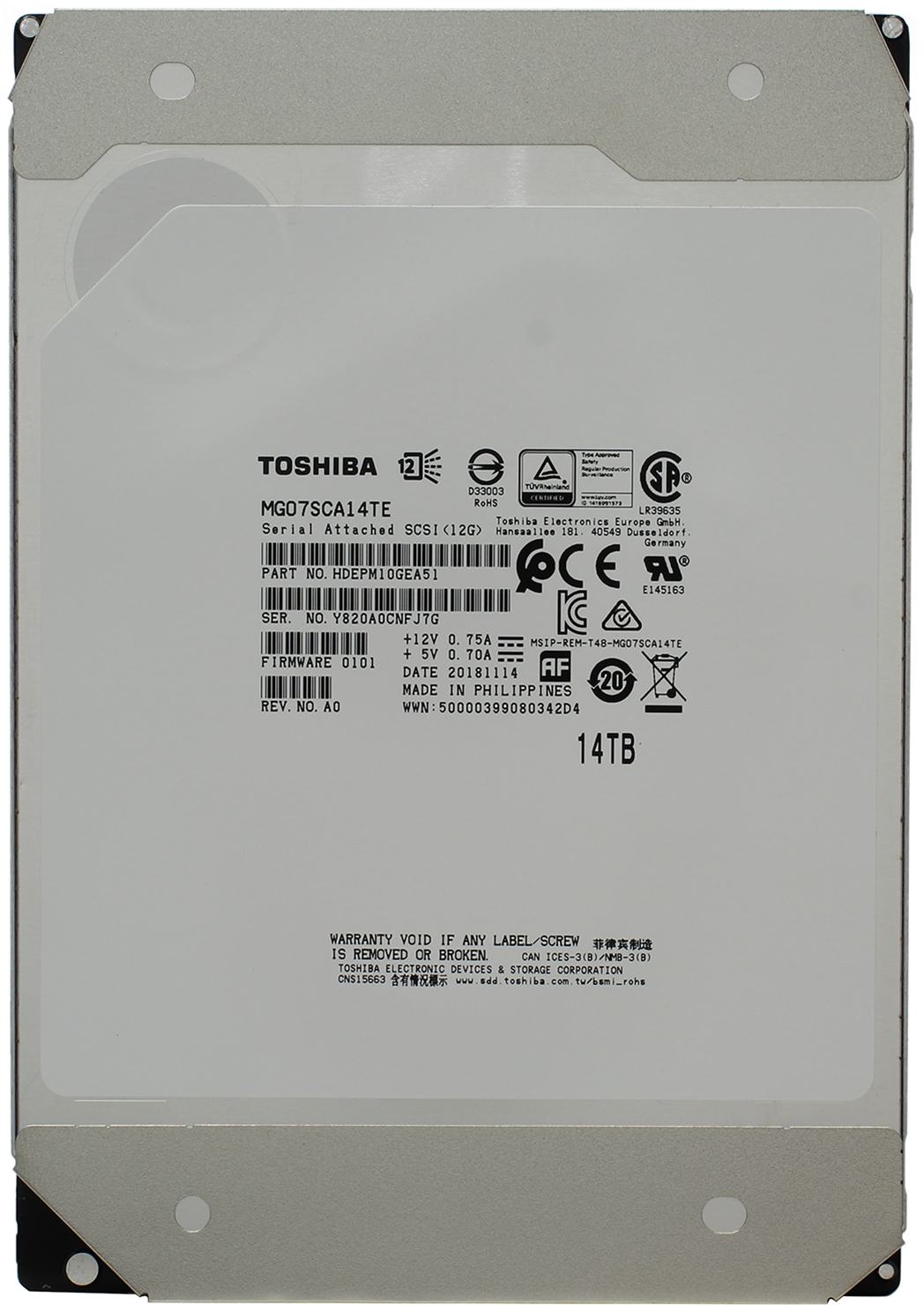 Жесткий диск Toshiba SAS 14Tb 3.5" Server 7200 12Gbit/s 256Mb 1 year ocs