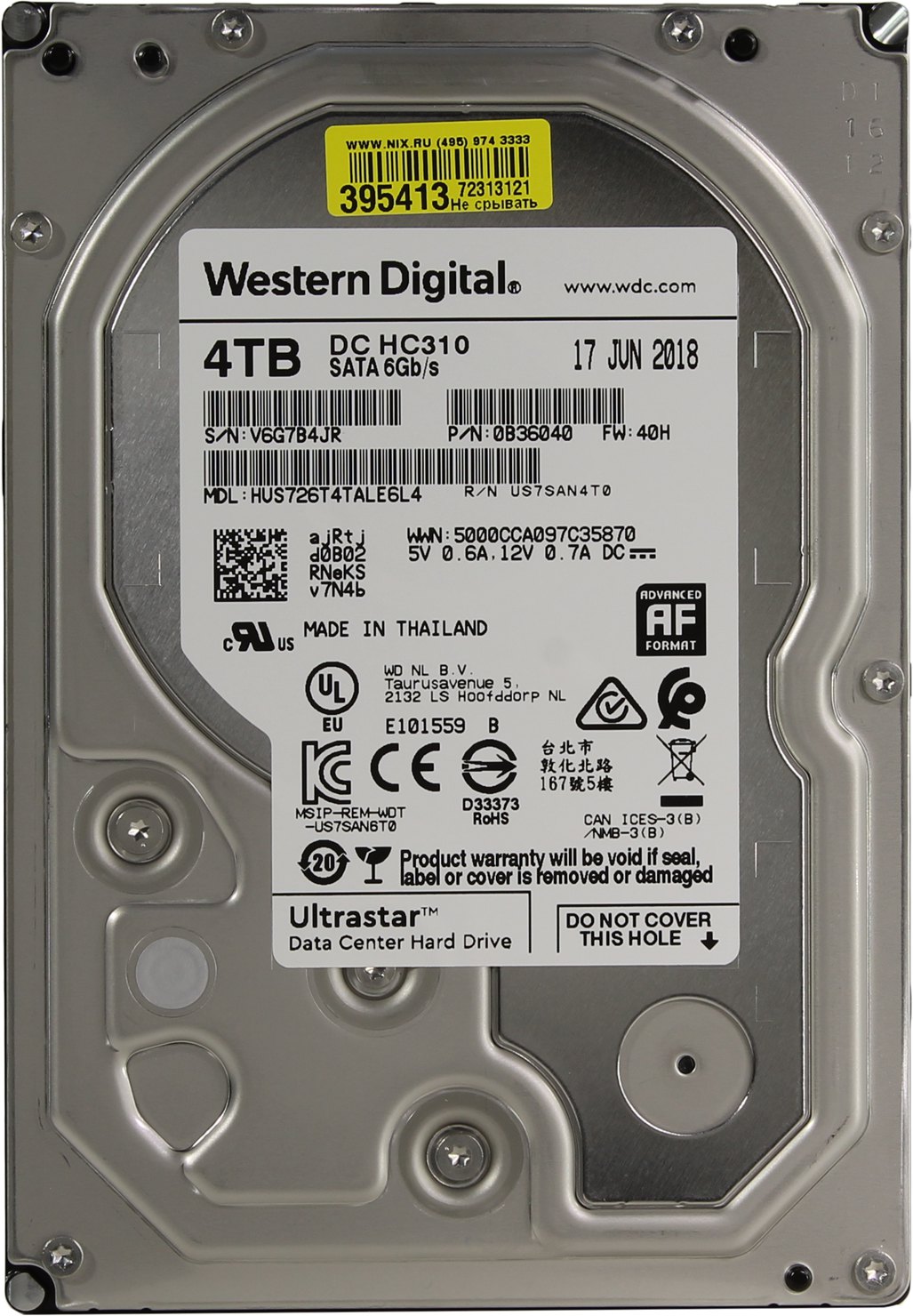 Жесткий диск Western Digital 3.5" 4TB Ultrastar DC HC310 [HUS726T4TALE6L4] SATA 6Gb/s, 7200rpm, 256MB, 0B36040, 512e, Bulk
