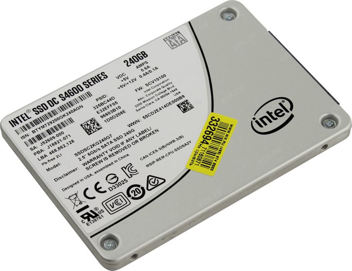 Накопитель Intel SSD S4600 Series SATA 2,5" 240Gb, R500/W260Mb/s, IOPS 72K/38K, MTBF 2M (Retail)