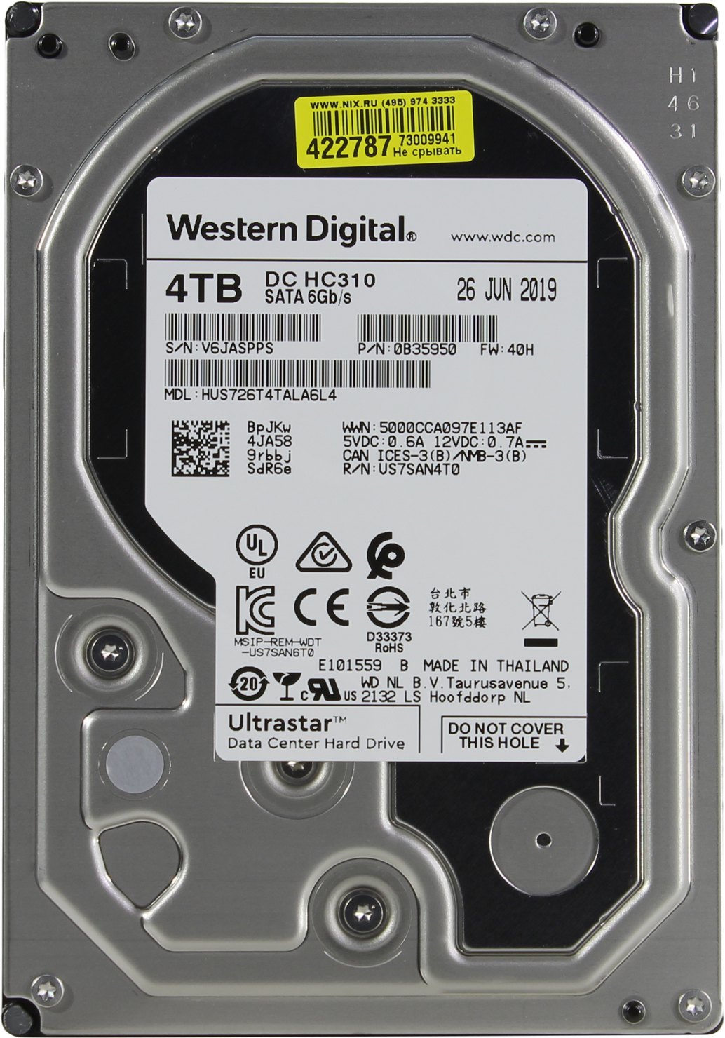 Жесткий диск Western Digital 3.5" 4TB Ultrastar DC HC310 [HUS726T4TALA6L4] SATA 6Gb/s, 7200rpm, 256MB, 0B35950, 512n, Bulk