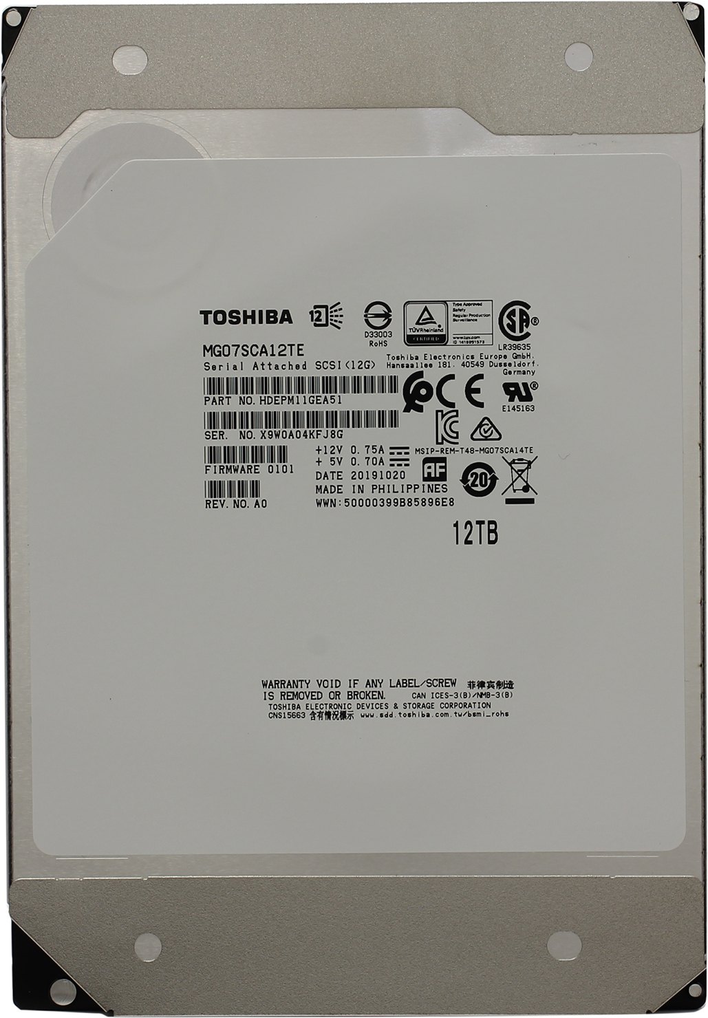 Жесткий диск Toshiba SAS 12Tb 3.5" Server 7200 12Gbit/s 256Mb 1 year ocs