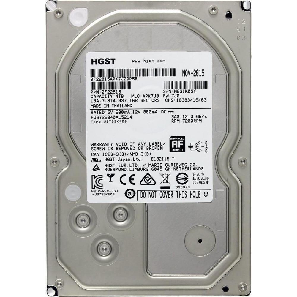 HGST Enterprise HDD 3.5" SAS 4000Gb, 7200rpm, 128MB buffer (HUS726040AL5214 Hitachi Ultrastar Raid Edition)