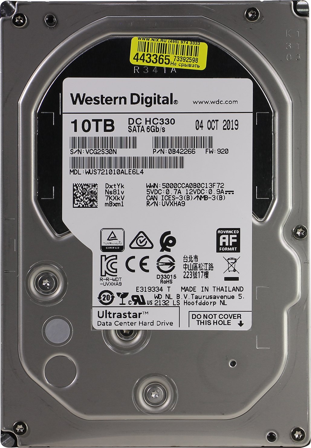 Жесткий диск Western Digital 3.5" 10TB Ultrastar DC HC330 [WUS721010ALE6L4] SATA 6Gb/s, 7200rpm, 256MB, 0B42266, 512e, Bulk, RTL {20}