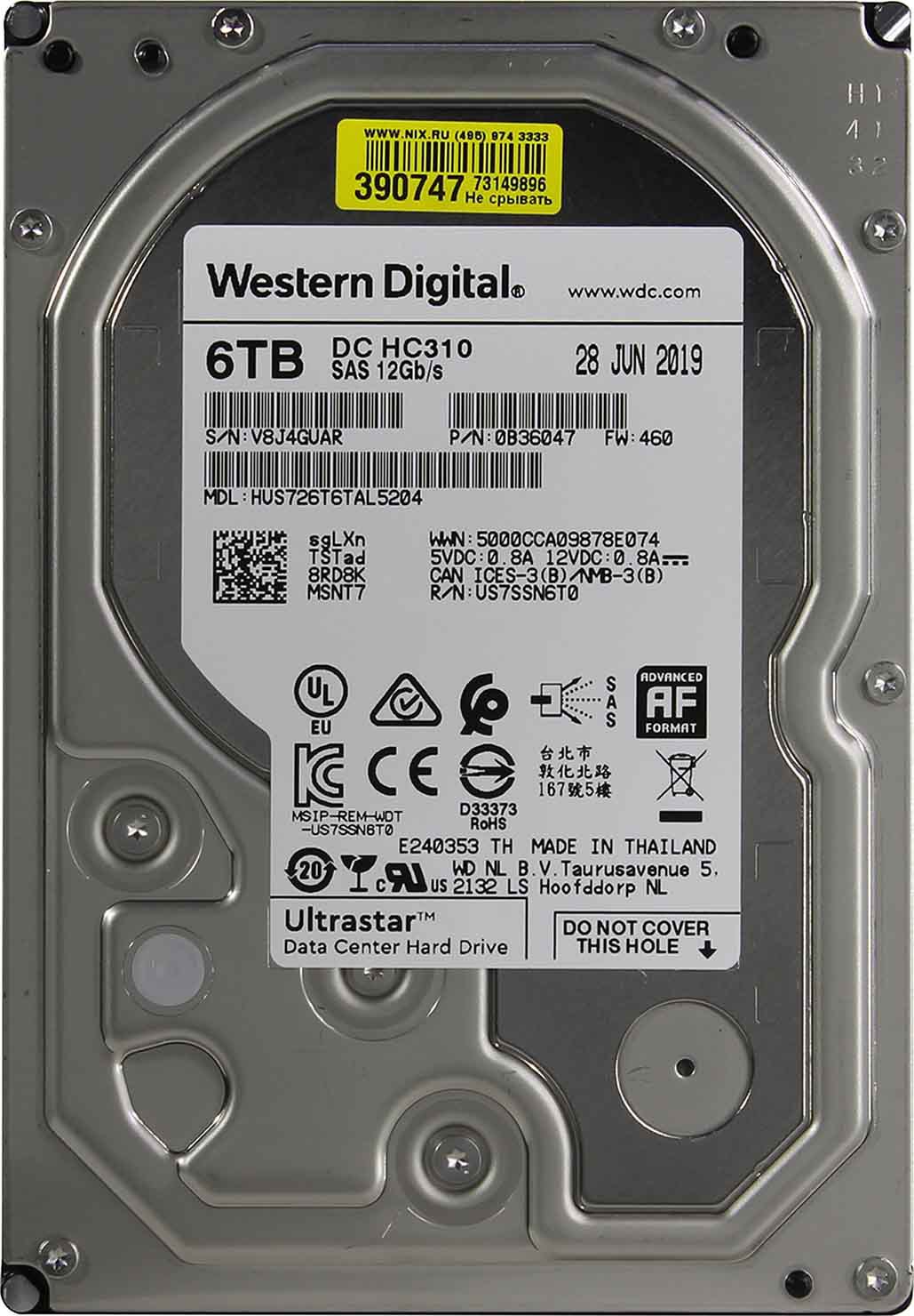 Жесткий диск Western Digital 3.5" 6TB Ultrastar DC HC310 [HUS726T6TAL5204] SAS 12Gb/s, 7200rpm, 256MB, 0B36047, 512e, Bulk {20}