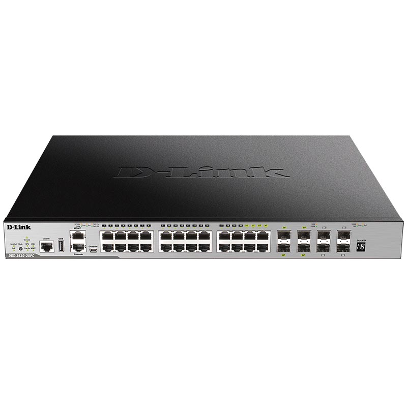 Коммутатор D-Link DGS-3630-28PC/A1ASI, L3 Managed Switch with 20 10/100/1000Base-T ports and 4 100/1000Base-T/SFP combo-ports and 4 10GBase-X SFP+ ports (24 PoE ports 802.3af/802.3at (30 W), PoE Budget 370 W,