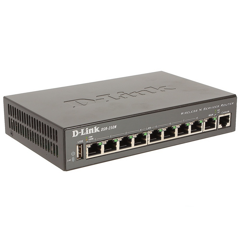 Межсетевой экран D-Link DSR-250N/B1A, Wireless N300 VPN Gigabit Router with 1 10/100/1000Base-T WAN ports, 8 10/100/1000Base-T LAN ports and 1 USB por-4785