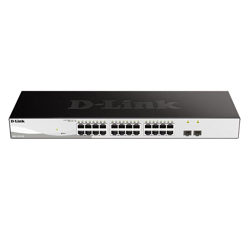 Коммутатор D-Link DGS-1210-26/F1B, L2 Smart Switch with 24 10/100/1000Base-T ports and 2 100/1000Base-X SFP ports.8K Mac address, 802.3x Flow Control, 4K of 802.1Q VLAN, 4 IP Interface, 802.1p Priority Queues,