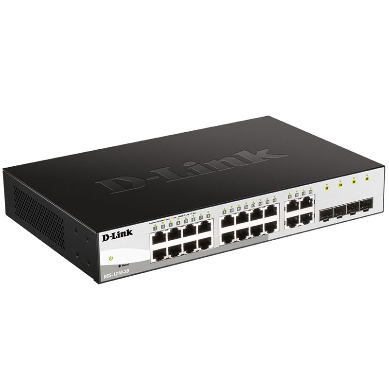 Коммутатор D-Link DGS-1210-20/F1A, L2 Smart Switch with 16 10/100/1000Base-T ports and 4 1000Base-X SFP ports.16K Mac address, 802.3x Flow Control, 4K of 802.1Q VLAN, 802.1p Priority Queues, ACL, IGMP Snooping