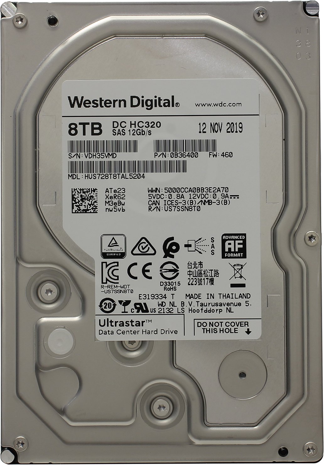 Жесткий диск Western Digital 3.5" 8TB Ultrastar DC HC320 [HUS728T8TAL5204] SAS 12Gb/s, 7200rpm, 256MB, 0B36400, 512e, Bulk