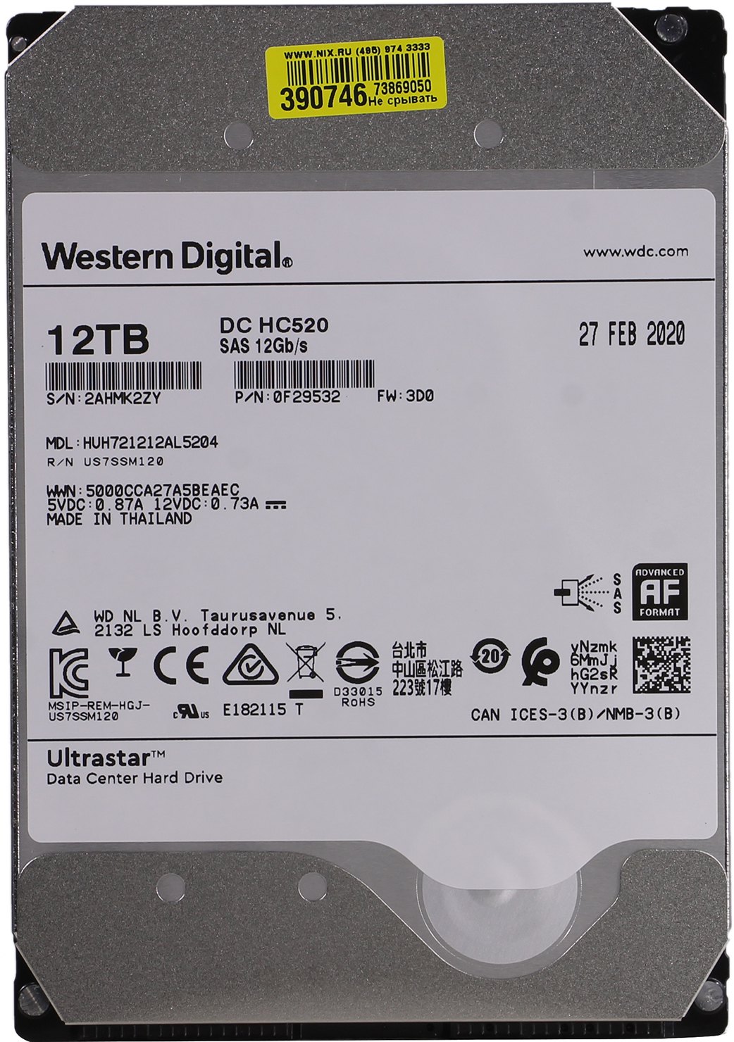 Жесткий диск Western Digital 3.5" 12TB Ultrastar DC HC520 [HUH721212AL5204] SAS 12Gb/s, 7200rpm, 256MB, 0F29532, 512e, Helium, Bulk