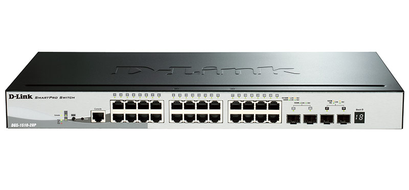 Коммутатор D-Link DGS-1510-28P/A1A, Gigabit Stackable SmartPro Switch with 24 10/100/1000Base-T PoE ports, 2 Gigabit SFP, 2 10G SFP+ ports