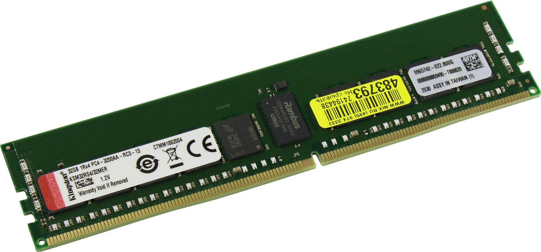 Оперативная память Kingston 32GB DDR4 3200 RDIMM Server Premier Server Memory KSM32RS4/32MER ECC, Reg, CL22, 1.2V, 1Rx4 Micron E Rambus, RTL, (310122)