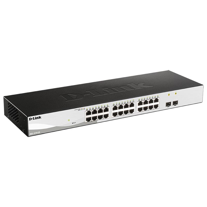 Коммутатор D-Link DGS-1210-26/F1B, L2 Smart Switch with 24 10/100/1000Base-T ports and 2 100/1000Base-X SFP ports.8K Mac address, 802.3x Flow Control, 4K of 802.1Q VLAN, 4 IP Interface, 802.1p Priority Queues,-4538