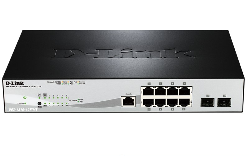 Коммутатор D-Link DGS-1210-10P/ME/A1A, Managed Gigabit Switch with 8 10/100/1000Base-T PoE + 2 SFP Ports