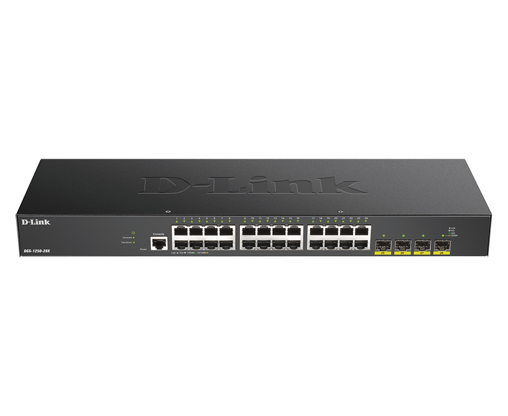 Коммутатор D-Link DGS-1250-52X/A1A, L2 Smart Switch with 48 10/100/1000Base-T ports and 4 10GBase-X SFP+ ports.16K Mac address, 802.3x Flow Control, 4K of 802.1Q VLAN, 4 IP Interface, 802.1p Priority Queues, AC