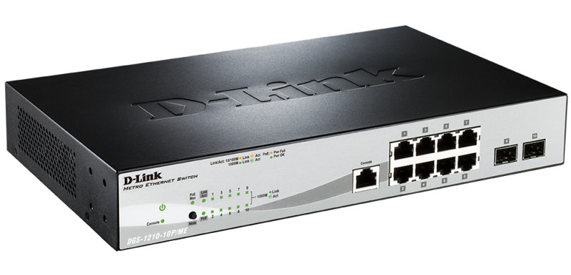 Коммутатор D-Link DGS-1210-10P/ME/A1A, Managed Gigabit Switch with 8 10/100/1000Base-T PoE + 2 SFP Ports-4575