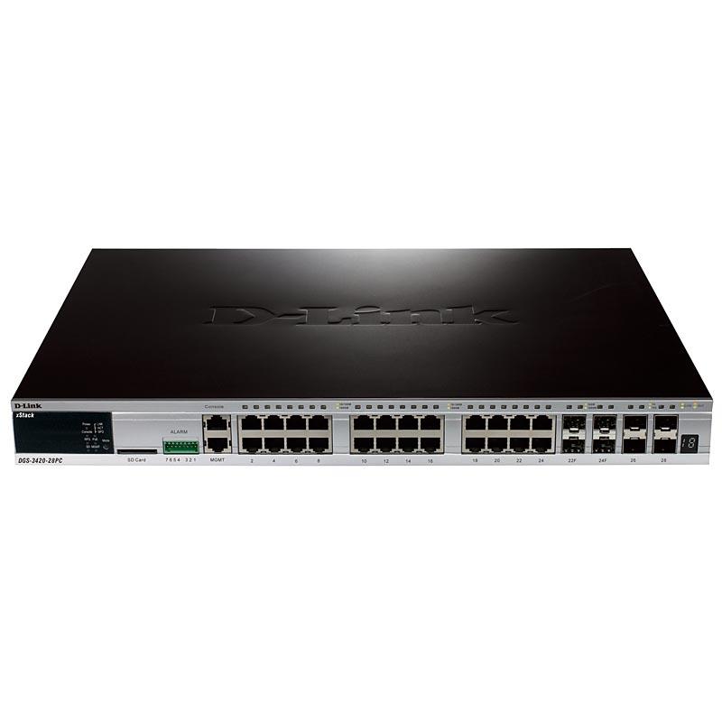 Коммутатор D-Link 24-ports PoE 10/100/1000Base-T L2+ Stackable Management Switch with 4 Combo ports 10/100/1000Base-T/SFP and 4-ports SFP+ DGS-3420-28PC/B1A