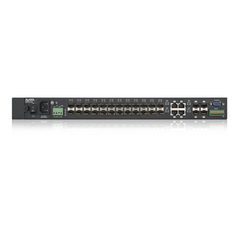 Коммутатор ZYXEL MGS3520-28F DC 48V 28-port Managed Metro Gigabit Switch with 4 of 28 SFP slots shared with RJ-45 connectors. DC 48V power supply ( MGS3520-28F-ZZ01V1F )